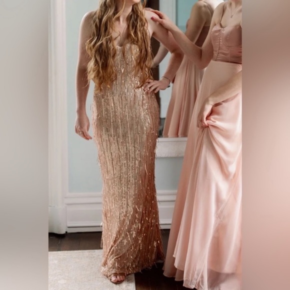 Endless Festivities Rose Gold Sequin Fringe Lace-Up Maxi Dress - Picture 7 of 15
